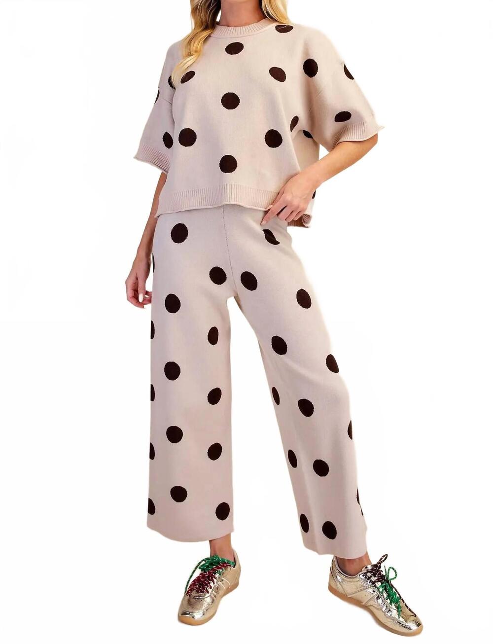 NEW GLAM polka dot knit pants in beige